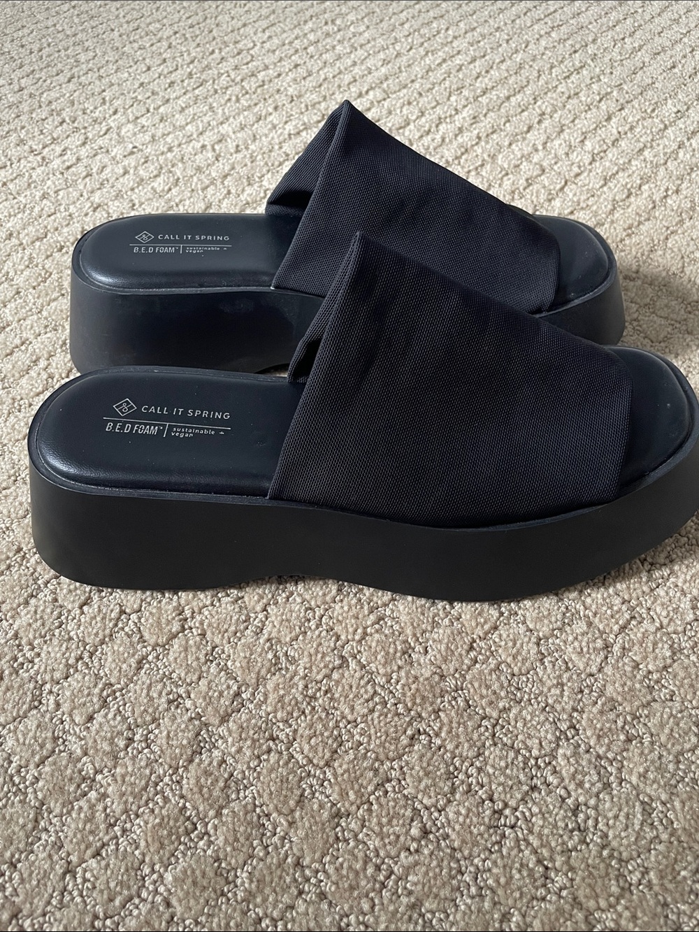 Call It Spring Black Fabric Platform Slide Sandals